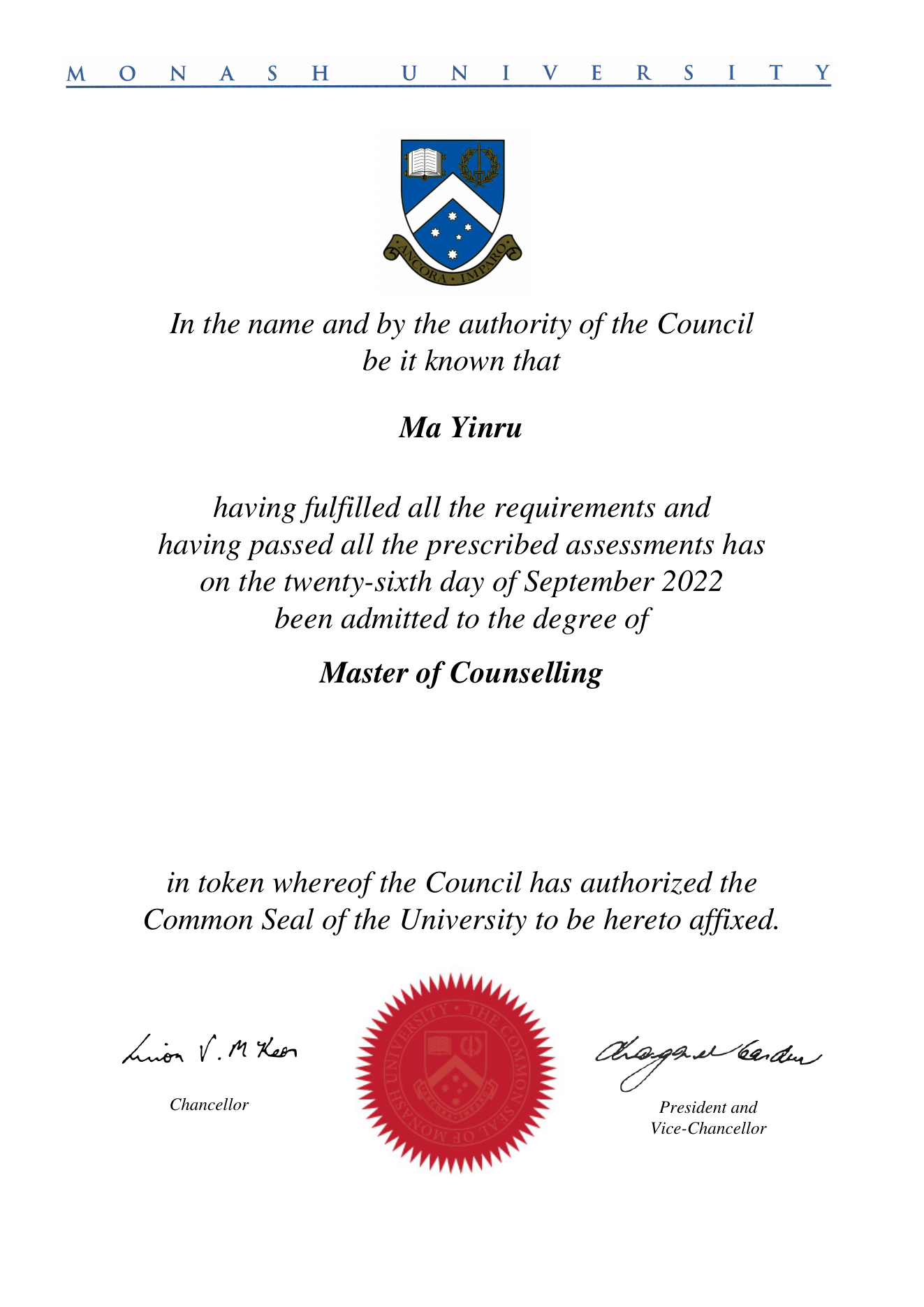 Master of Counselling — Monash University