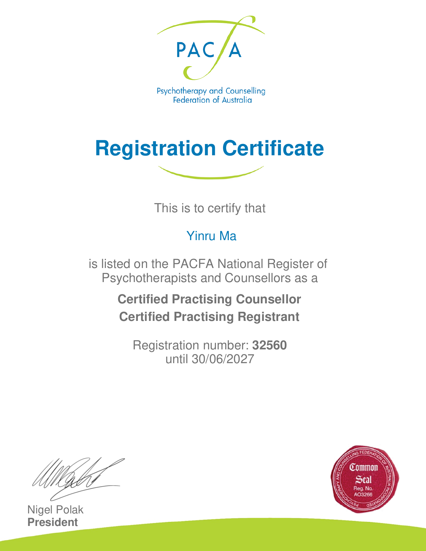 PACFA Registration Certificate